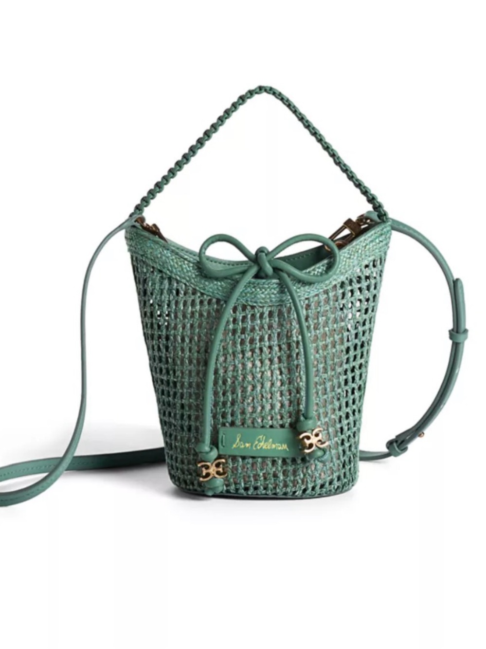 Sam Edelman Marcie Raffia Teal Woven Open Bucket Crossbody Bag